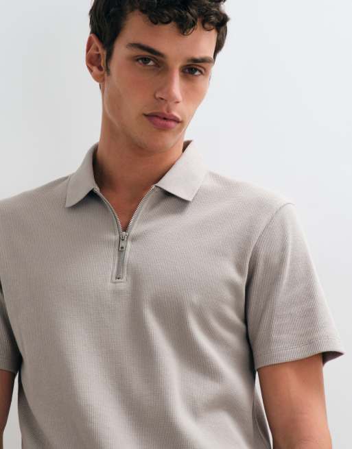ASOS DESIGN zip polo in grey waffle, 3 of 5