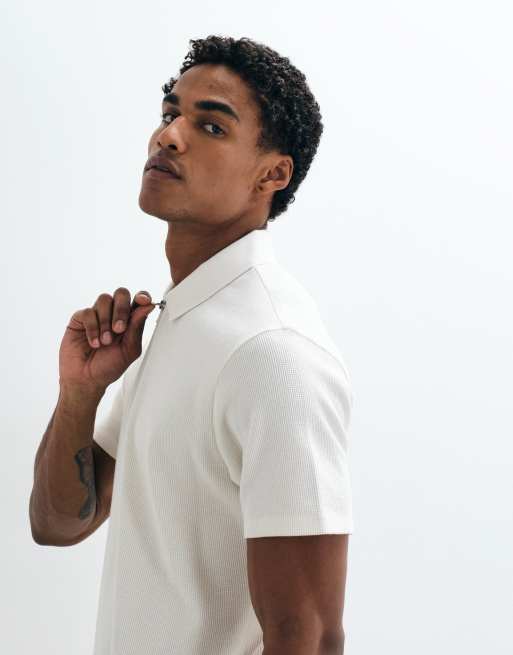 ASOS DESIGN zip polo in khaki waffle, 3 of 5