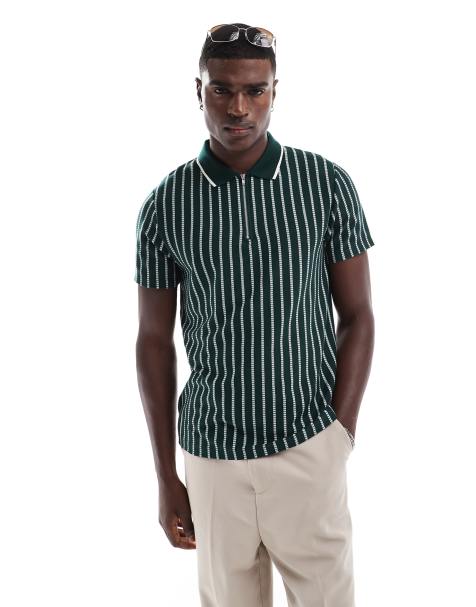 ASOS DESIGN zip polo shirt in green with stripes - view 1