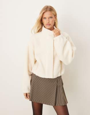 Asos Design Zip Though Borg With Bubble Hem In Neutral