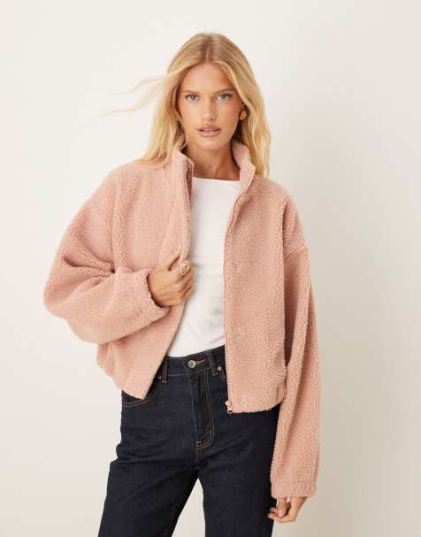 ASOS DESIGN zip though borg with bubble hem in rose pink - view 1