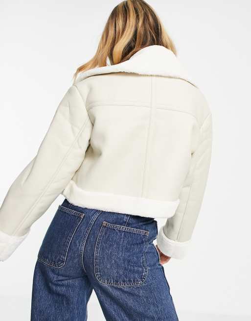 ASOS DESIGN zip through aviator jacket in cream | ASOS