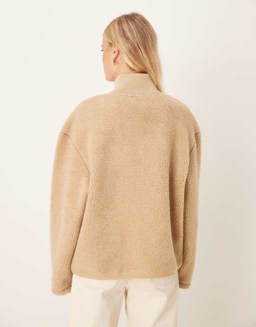 ASOS DESIGN zip through borg fleece and knit mix jacket in tonal beige, 4 of 4
