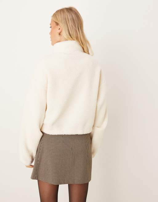 ASOS DESIGN zip through borg fleece with bubble hem in cream, 4 of 4