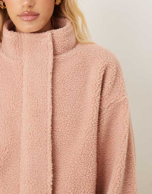 ASOS DESIGN zip through borg fleece with bubble hem in rose pink, 2 of 4