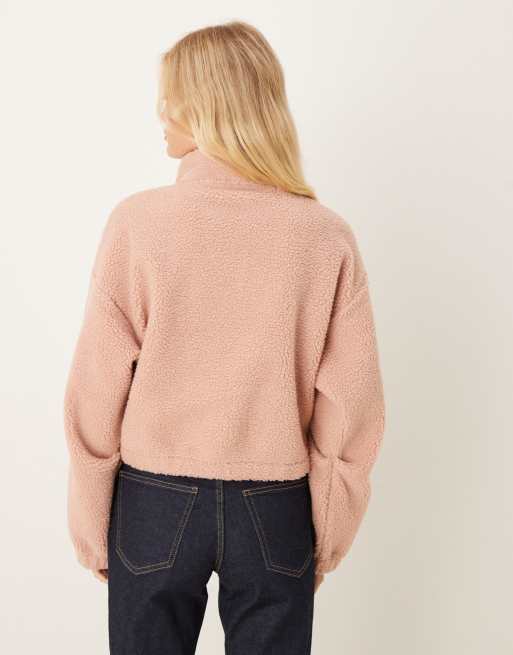 ASOS DESIGN zip through borg fleece with bubble hem in rose pink, 4 of 4