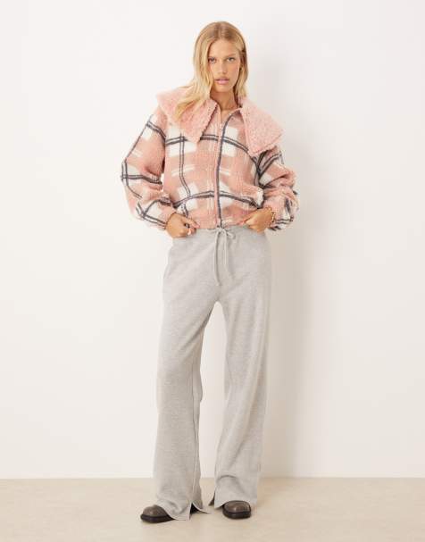 ASOS DESIGN zip through borg fleece with faux fur collar in pink check design - view 1