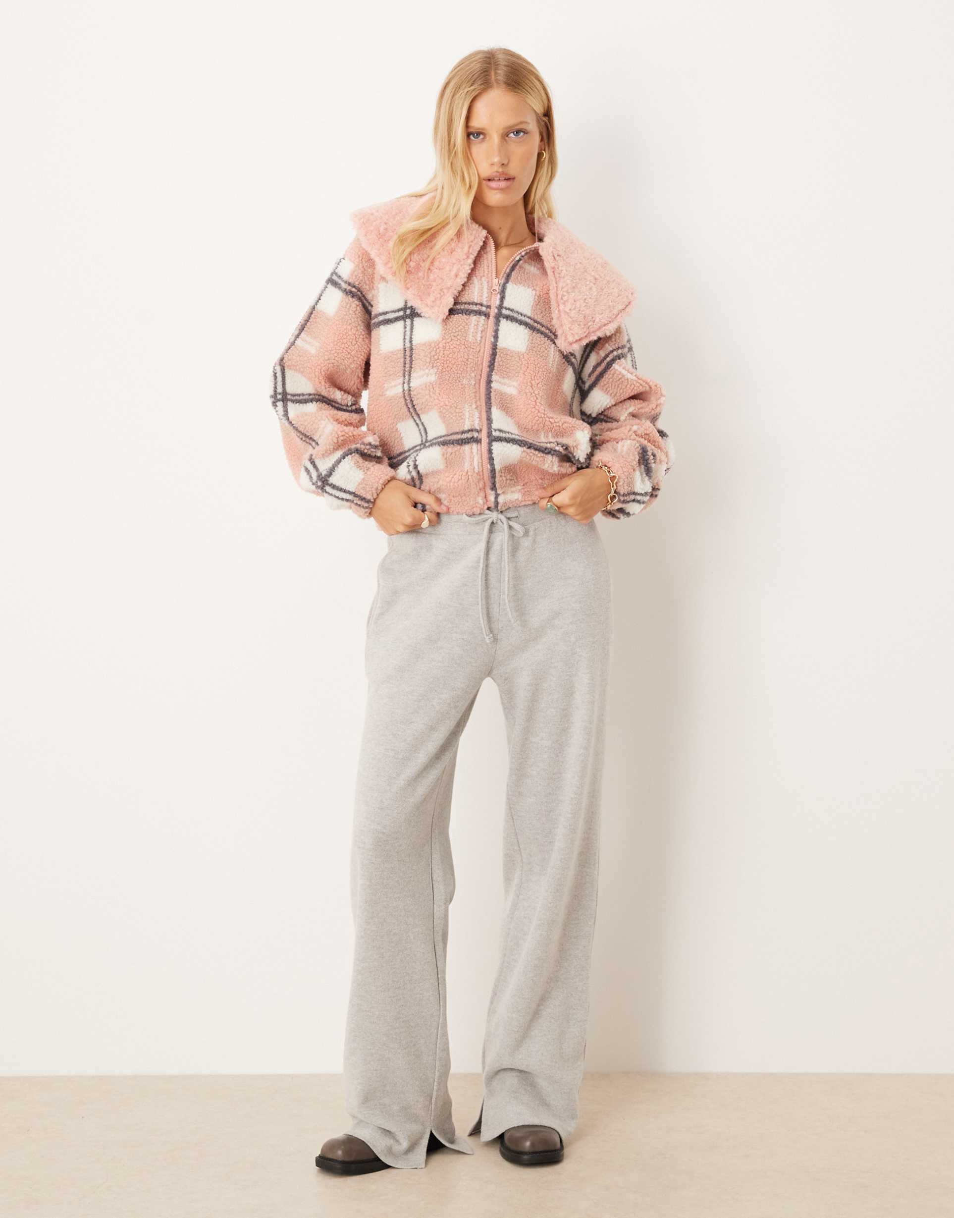asos design zip through borg fleece with faux fur collar in pink check design