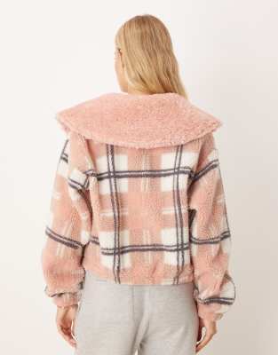 Asos Design Zip Through Borg Fleece With Faux Fur Collar In Pink