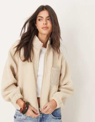Asos Design Zip Through Borg Fleece With Quilted Pocket And Collar In Stone-white