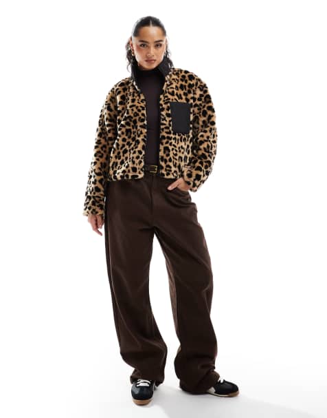 ASOS DESIGN zip through borg fleece with quilted pocket detail in leopard - view 1