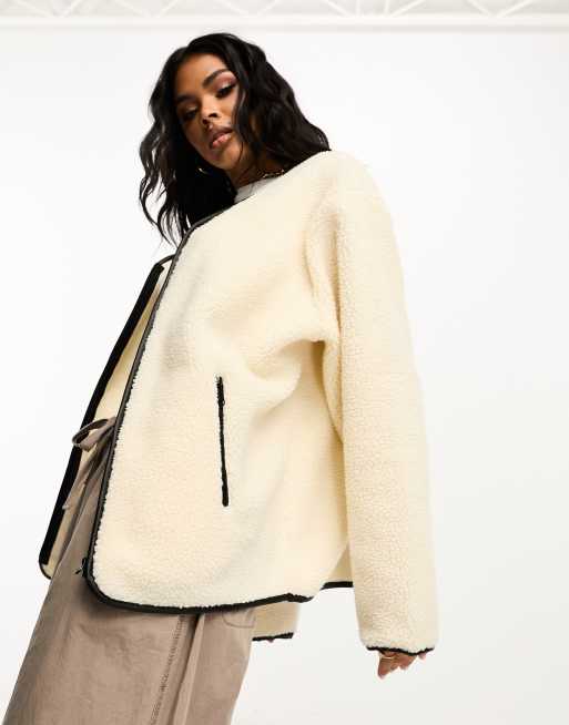ASOS DESIGN zip through borg sweat with faux leather trim detail in neutral