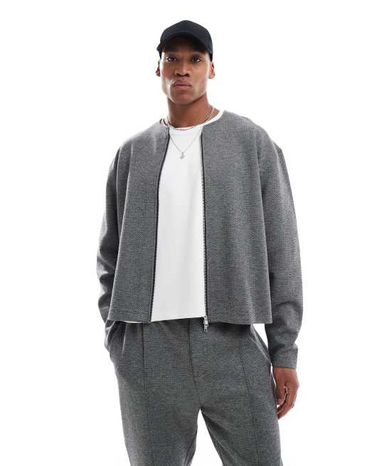 ASOS DESIGN zip through cardigan sweatshirt in textured grey (part of a set)
