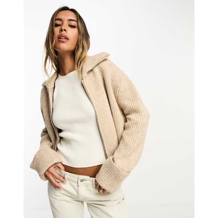 ASOS DESIGN zip through cardigan with collar in stone