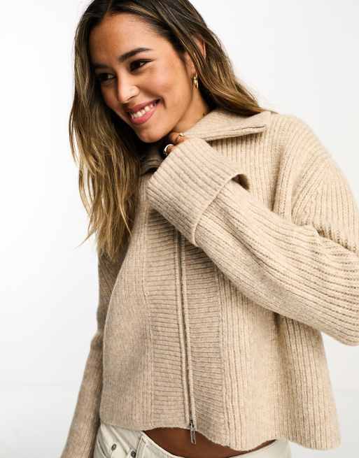 ASOS DESIGN zip through cardigan with collar in stone