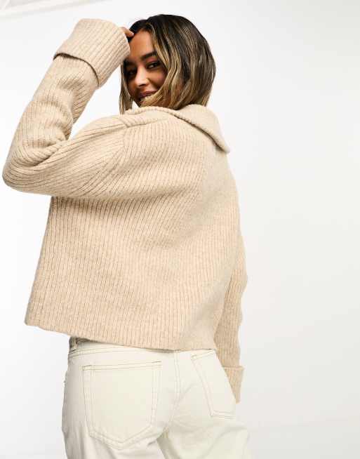 ASOS DESIGN zip through cardigan with collar in stone