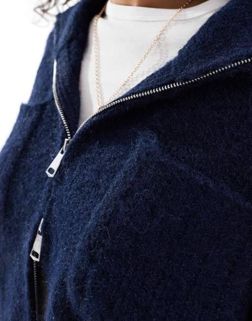 ASOS DESIGN zip through cardigan with pocket and collar detail in navy, 3 of 4