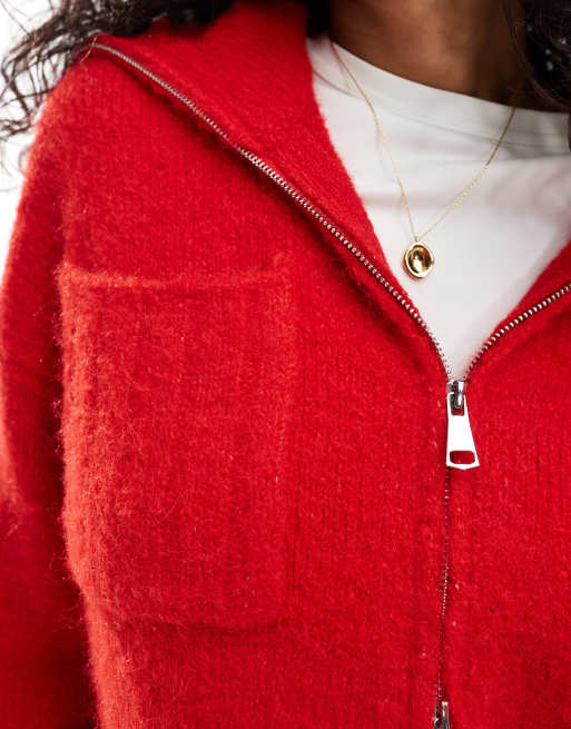 ASOS DESIGN zip through cardigan with pocket and collar detail in red, 2 of 4