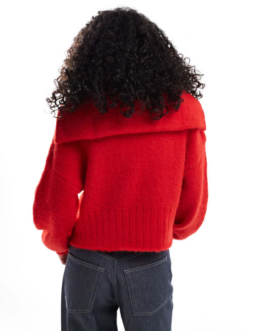 ASOS DESIGN zip through cardigan with pocket and collar detail in red, 4 of 4