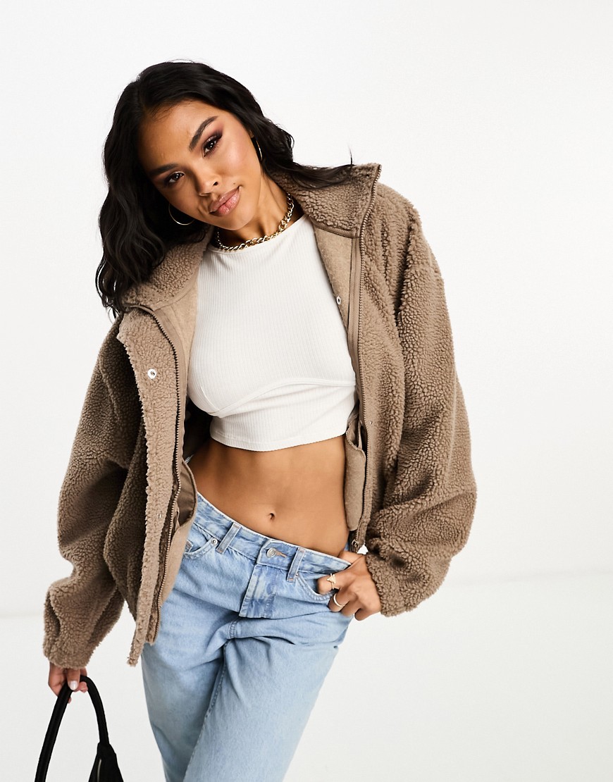 ASOS DESIGN zip through cropped borg with funnel neck in neutral