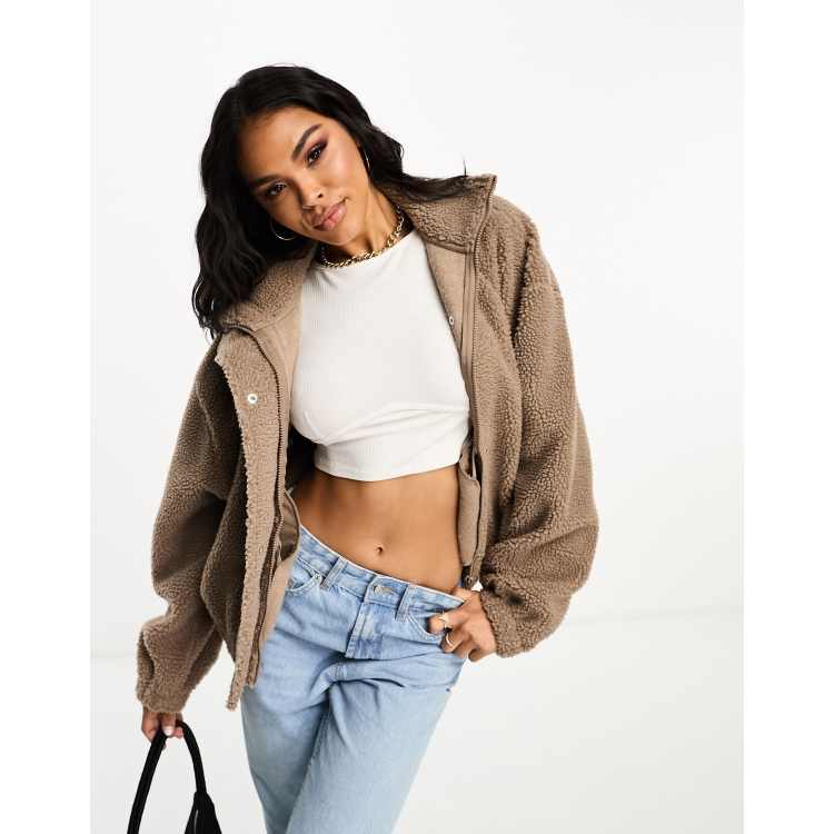 ASOS DESIGN zip through cropped borg with funnel neck in neutral