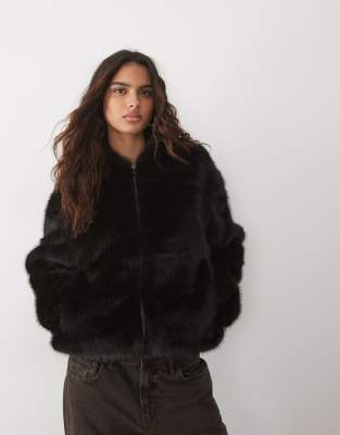 Asos Design Zip Through Faux Fur Bomber Jacket In Brown