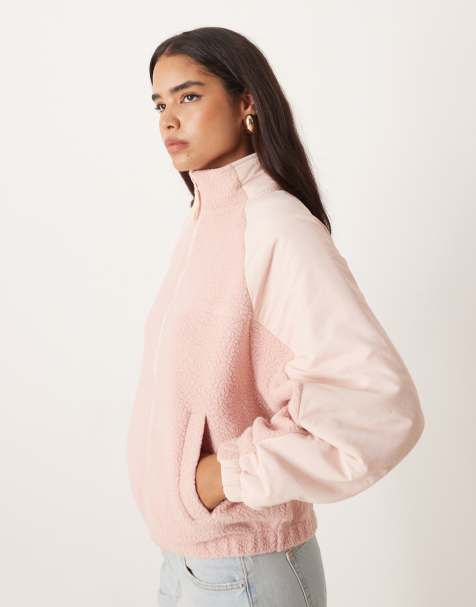 ASOS DESIGN zip through fleece with nylon detail in tonal pink