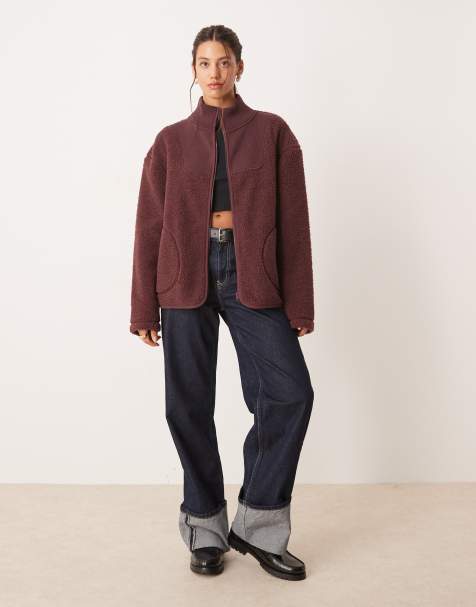 ASOS DESIGN zip through funnel neck borg and knit mix fleece in deep plum - view 1