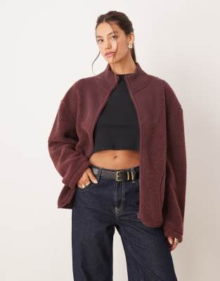 Asos Design Zip Through Funnel Neck Borg And Knit Mix Fleece In Red