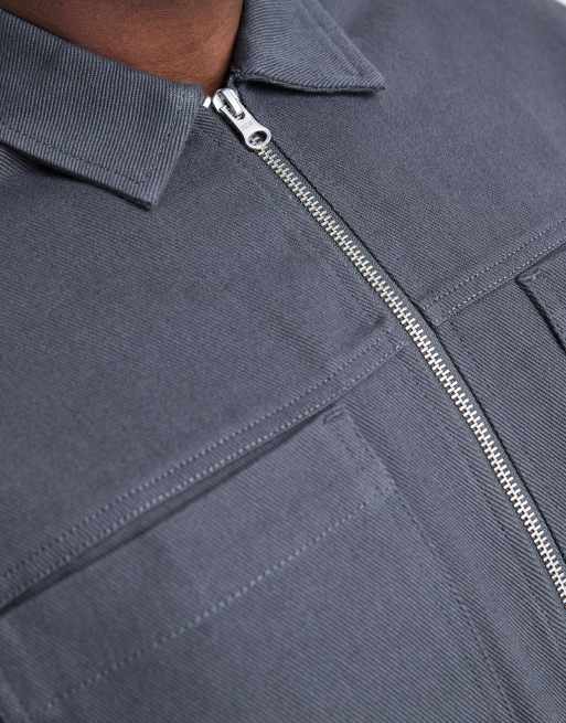 ASOS DESIGN zip through heavyweight cotton twill overshirt in washed black, 5 of 5