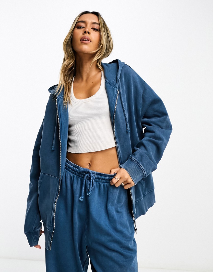 ASOS DESIGN zip through hoodie co-ord in washed denim blue
