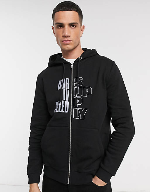 ASOS DESIGN zip through hoodie in black with chest text print | ASOS