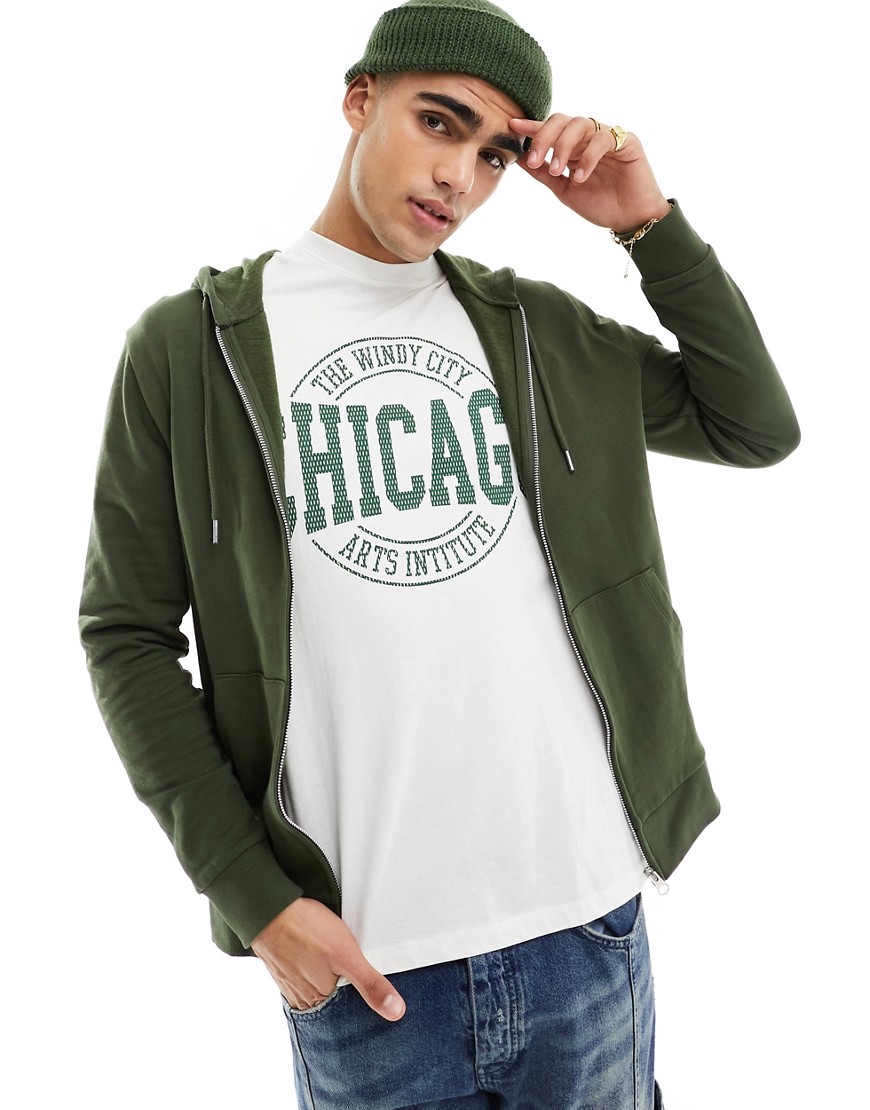 ASOS DESIGN zip through hoodie in khaki green