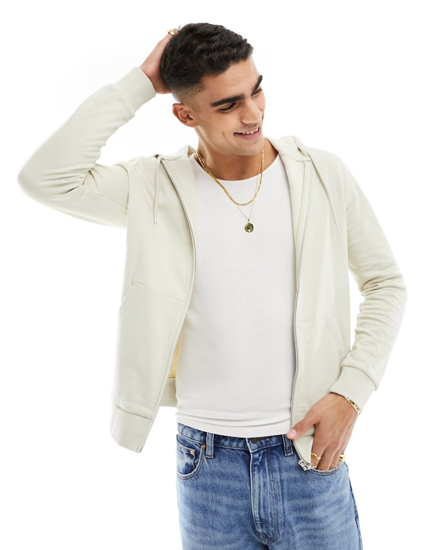 ASOS DESIGN zip through hoodie in light beige-Neutral