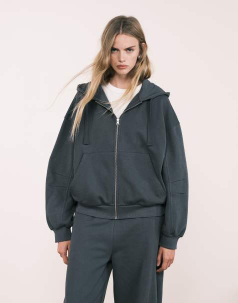 ASOS DESIGN zip through hoodie with balloon sleeve in charcoal (part of a set) - view 1