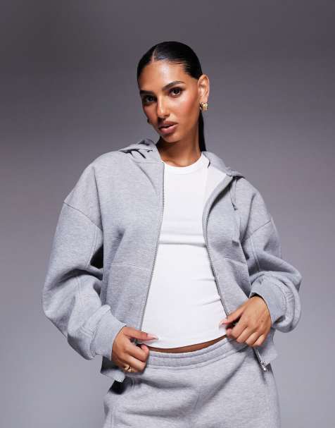 ASOS DESIGN zip through hoodie with balloon sleeve in gray heather - part of a set - view 1