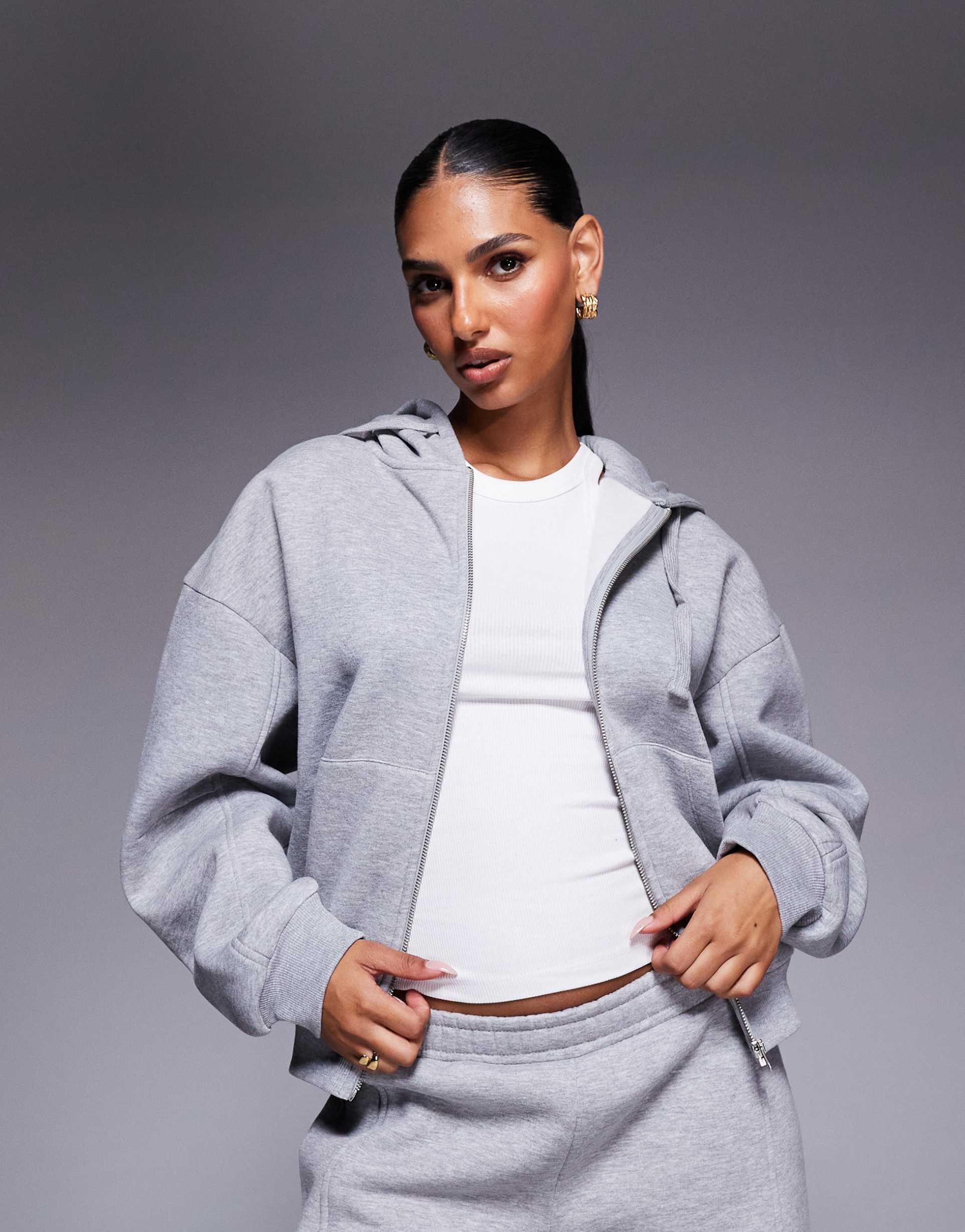 asos design zip through hoodie with balloon sleeve in gray heather - part of a set