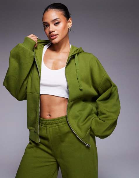 ASOS DESIGN zip through hoodie with balloon sleeve in green (part of a set) - view 1