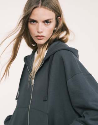 Asos Design Zip Through Hoodie With Balloon Sleeves In Gray