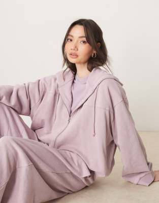 Asos Design Zip Through Hoodie With Bubble Hem In Washed Mauve - Part Of A Set-purple