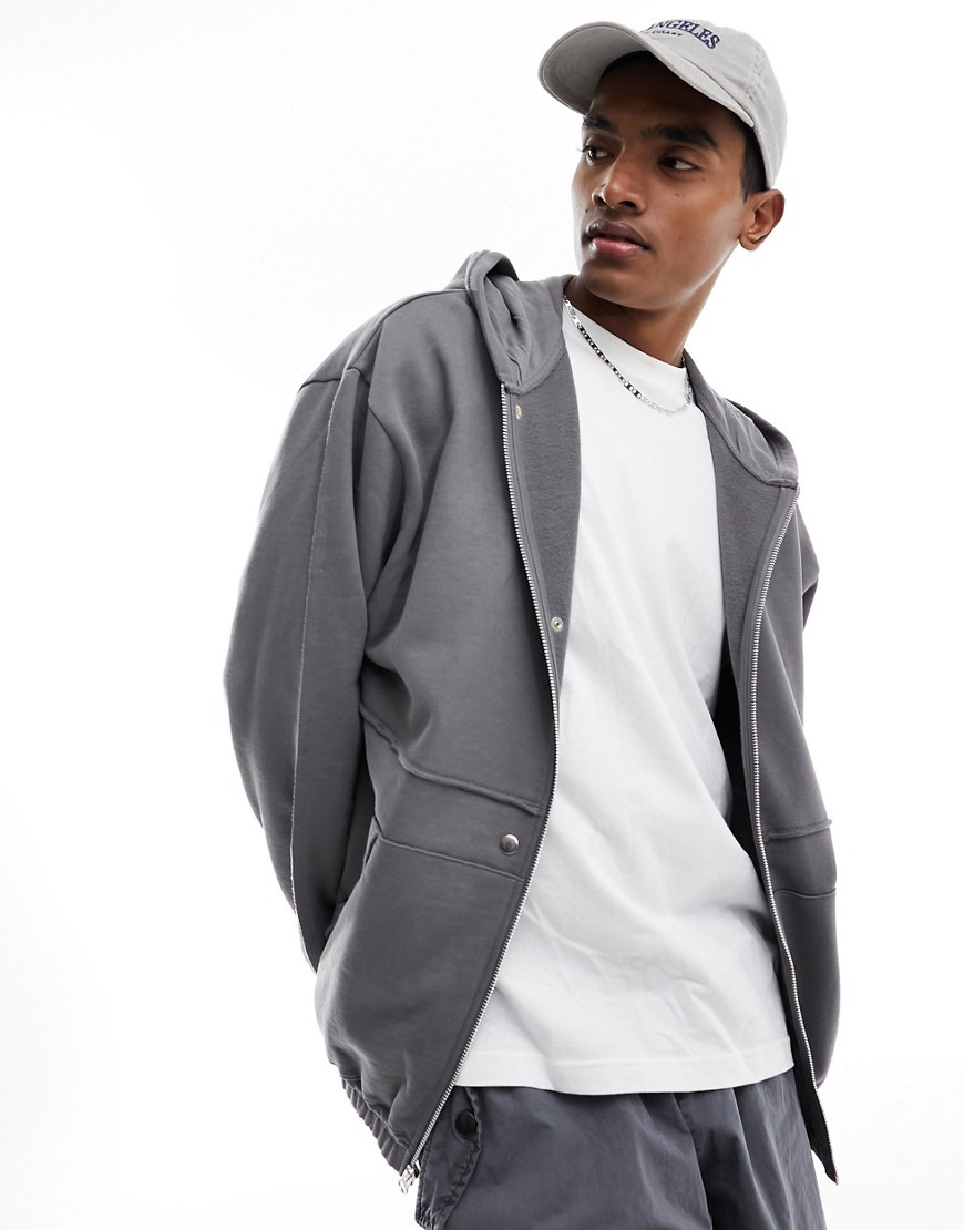 ASOS DESIGN zip through hoodie with distressing detailing in charcoal grey