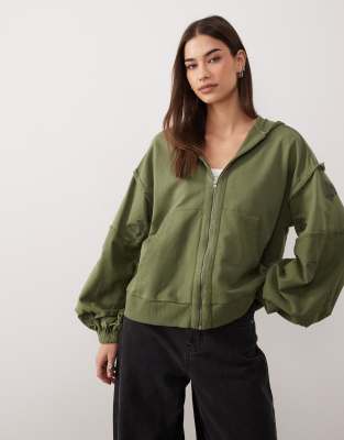 Asos Design Zip Through Hoodie With Embroidered Flower Detail In Green