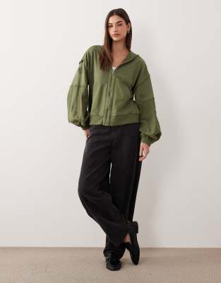 Asos Design Zip Through Hoodie With Embroidered Flower Detail In Green