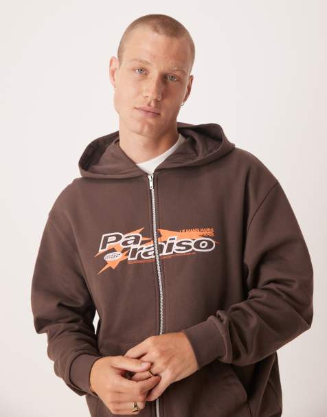 ASOS DESIGN zip through hoodie with sporty print in brown - view 1