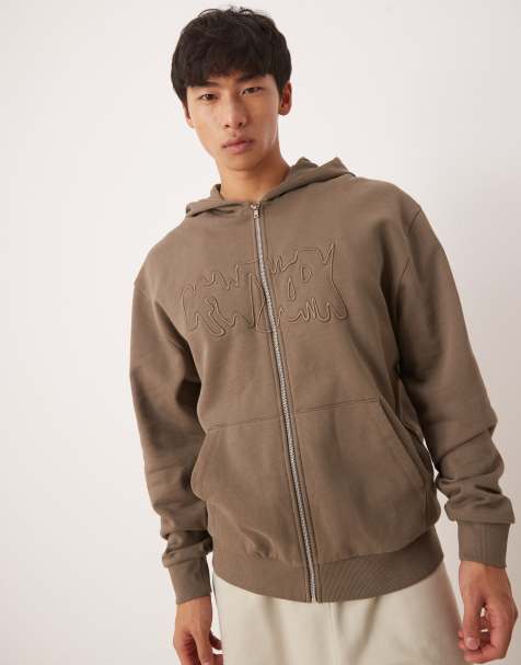 ASOS DESIGN zip through hoodie with street print embroidery in brown - view 1