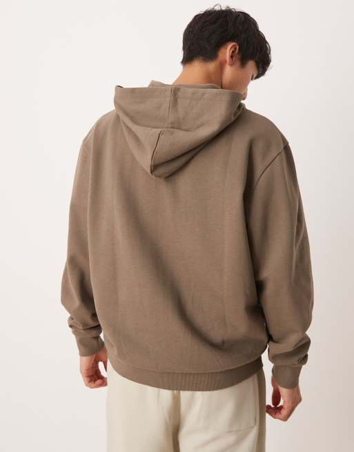 ASOS DESIGN zip through hoodie with street print embroidery in brown, 3 of 4