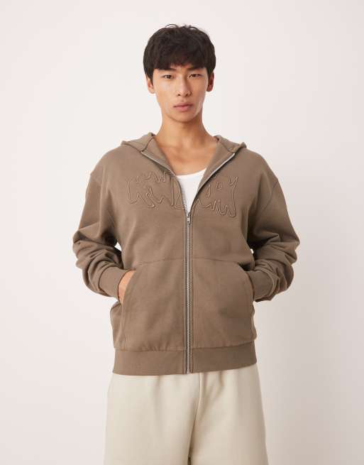 ASOS DESIGN zip through hoodie with street print embroidery in brown, 4 of 4