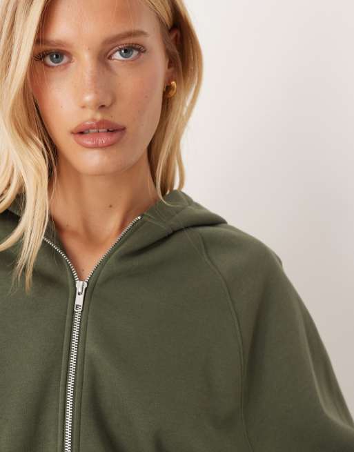 ASOS DESIGN zip through hoodie with tie hem in khaki (part of a set), 3 of 4