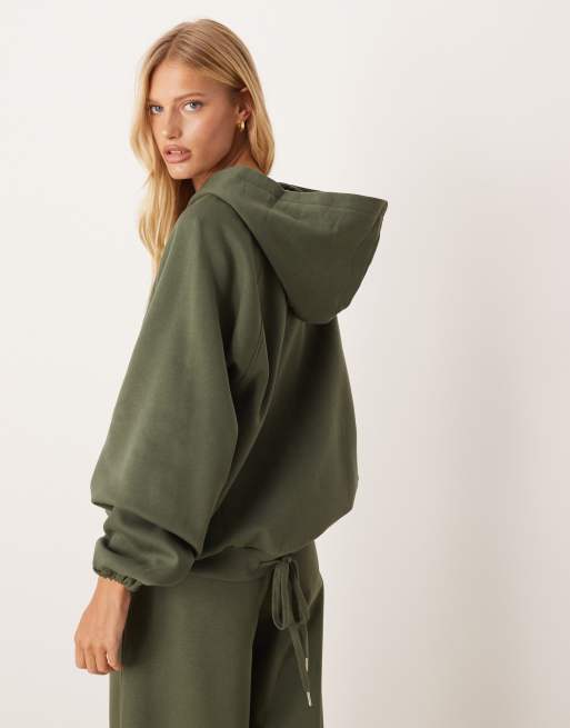 ASOS DESIGN zip through hoodie with tie hem in khaki (part of a set), 4 of 4