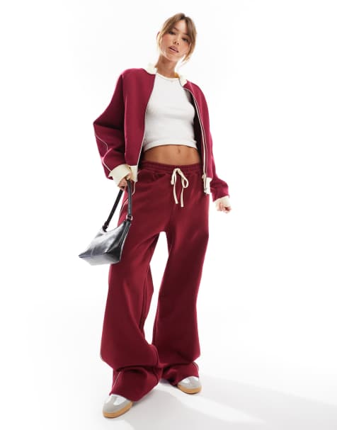 ASOS DESIGN zip through jacket and jogger co ord with side stripe in burgundy - view 1